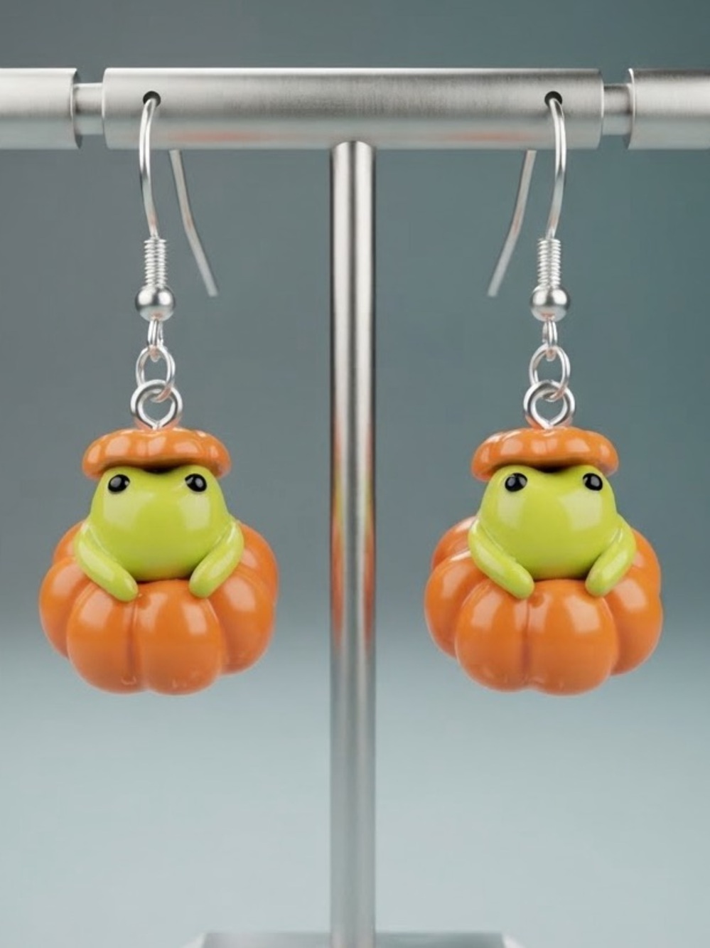 Cute Frog in Pumpkin Dangle Earrings - Orange & Green - Handmade